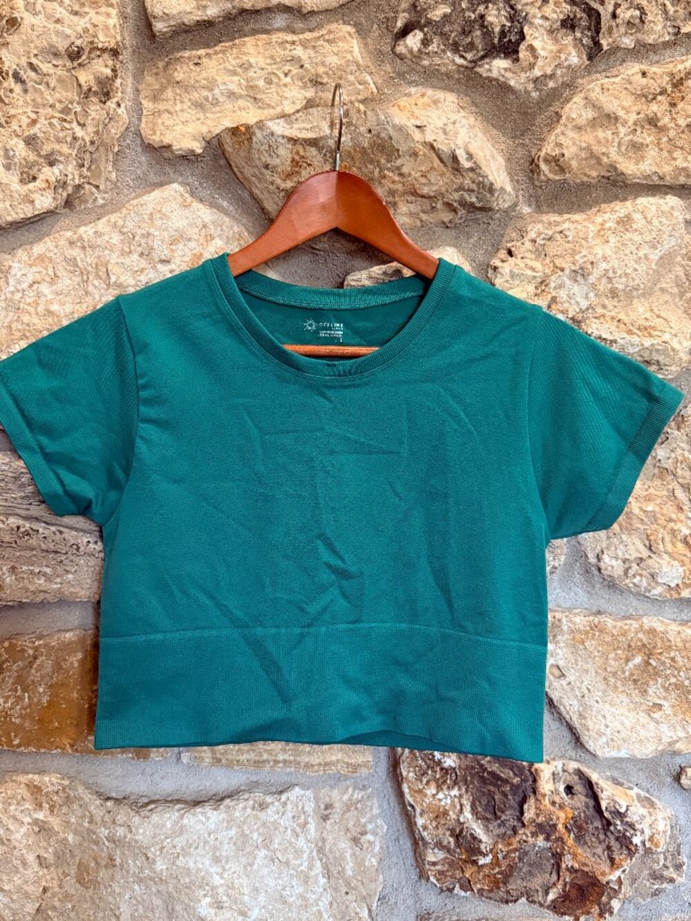 Women's Fitted Cropped Shirt Teal Green size large Offline by Aerie